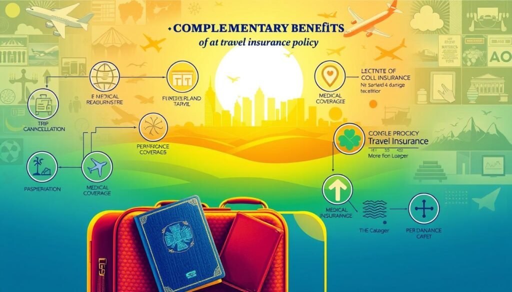 A vibrant and detailed illustration depicting the key complementary benefits of a travel insurance policy. In the foreground, a traveler's suitcase and passport, surrounded by symbolic icons representing trip cancellation, medical reimbursement, and other essential coverages. The middle ground features a serene landscape with a city skyline in the distance, bathed in warm, golden light. The background showcases a collage of travel-related imagery, including airplanes, hotels, and scenic destinations. The overall composition conveys a sense of security, reassurance, and the peace of mind that comprehensive travel insurance can provide.