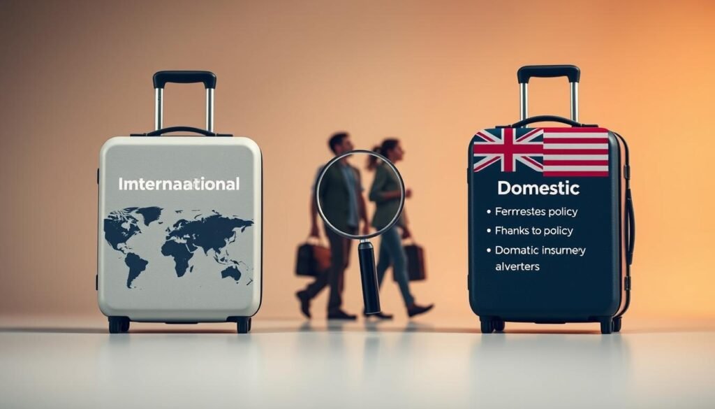 A contrast of international and domestic travel insurance policies, showcased in a clean, minimalist design. In the foreground, two suitcases - one with a world map, the other a national flag. Between them, a magnifying glass highlights the distinct features of each policy. The middle ground depicts silhouetted travelers, one embarking on an international journey, the other a domestic trip. The background is a soft, gradient blur, keeping the focus on the central comparison. Soft, warm lighting casts a sense of confidence and security, complementing the subject matter. An image that visually articulates the differences and considerations between international and national travel insurance.
