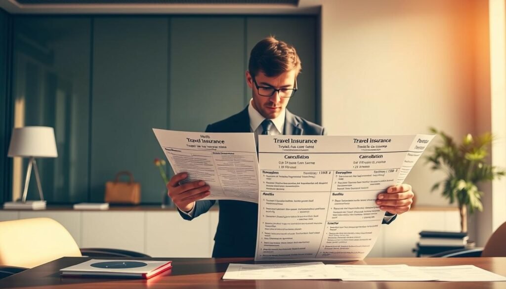A detailed comparison of travel insurance coverage, with a focus on health, baggage, and cancellation benefits. A professional business person in formal attire stands before a large desk, intently reviewing insurance documents and charts. The scene is bathed in warm, soft lighting, creating a sense of thoughtful deliberation. The background features a sleek, modern office setting with minimal clutter, emphasizing the importance of the decision-making process. The overall mood is one of careful consideration and attention to detail, reflecting the gravity of selecting the optimal travel insurance plan.