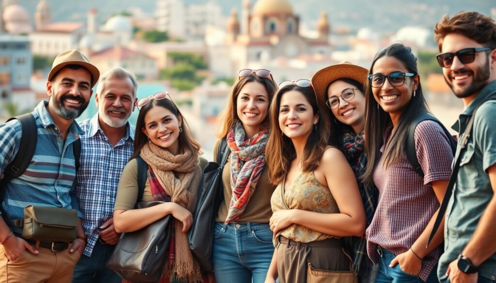 A group of diverse travelers standing in a relaxed, casual pose, their faces and expressions conveying a sense of adventure, curiosity, and a zest for exploring the world. The travelers are set against a backdrop of a vibrant, colorful cityscape or a scenic landscape, hinting at the varied destinations they have visited or plan to visit. The lighting is warm and natural, creating a welcoming and inviting atmosphere. The scene is captured with a wide-angle lens, allowing the viewer to take in the full scope of the group and their surroundings. The overall mood is one of camaraderie, shared experiences, and the value of an annual travel insurance policy that can provide peace of mind for these globetrotters.