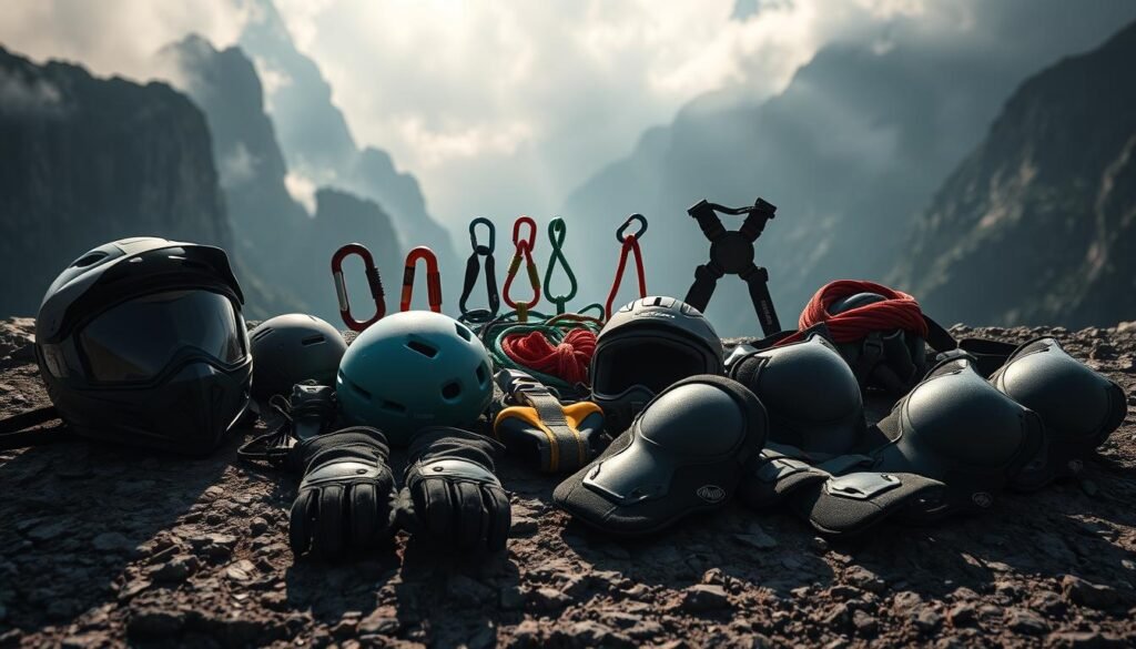 A high-resolution, photorealistic image of essential gear and equipment for extreme sports. In the foreground, various protective gear such as helmets, gloves, and knee/elbow pads are neatly arranged on a rugged, textured surface, casting realistic shadows. In the middle ground, action sports equipment like carabiners, ropes, and harnesses are displayed. The background shows a dramatic, cinematic landscape with towering cliffs, mist, and moody lighting, evoking a sense of adventure and challenge. The overall composition is balanced, with a focus on the core protective equipment essential for high-risk activities.