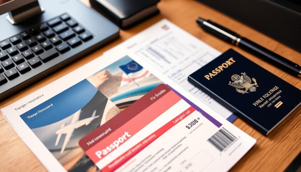 A neatly organized desk with various travel documents, including a passport, traveler's insurance card, and airline tickets. The documents are arranged in a visually appealing manner, with a clean and professional aesthetic. The lighting is soft and diffused, creating a warm and inviting atmosphere. The camera angle is slightly elevated, providing a bird's-eye view of the scene, highlighting the attention to detail and organization. The background is blurred, keeping the focus on the travel documents and creating a sense of depth and emphasis on the subject matter.
