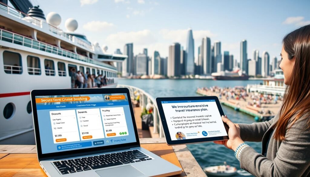 A serene cruise ship docked at a bustling harbor, with passengers eagerly disembarking. In the foreground, a laptop displays a secure online booking interface, showcasing discounted cruise packages. The middle ground features a well-dressed travel agent guiding customers through the booking process, using a tablet to demonstrate the benefits of a comprehensive travel insurance plan. The background depicts the vibrant city skyline, with towering skyscrapers and a lively waterfront scene. The overall atmosphere conveys a sense of convenience, safety, and the anticipation of an unforgettable cruise experience.