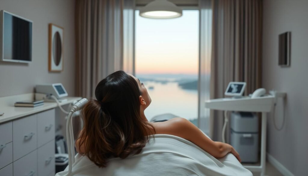 A serene scene of a traveler undergoing a safe and responsible aesthetic procedure, with a soft, diffused lighting illuminating the serene atmosphere. The subject is framed in the foreground, reclining comfortably on a treatment table, surrounded by clean, modern medical equipment and accessories. The middle ground features a minimalist, yet elegant clinic interior, with a calming color palette and subtle details that convey a sense of professionalism and care. The background subtly blurs into a tranquil, out-of-focus landscape, suggesting a peaceful, relaxing setting away from the hustle and bustle of the trip. The overall composition and tone evoke a sense of safety, trust, and responsible self-care during the journey.