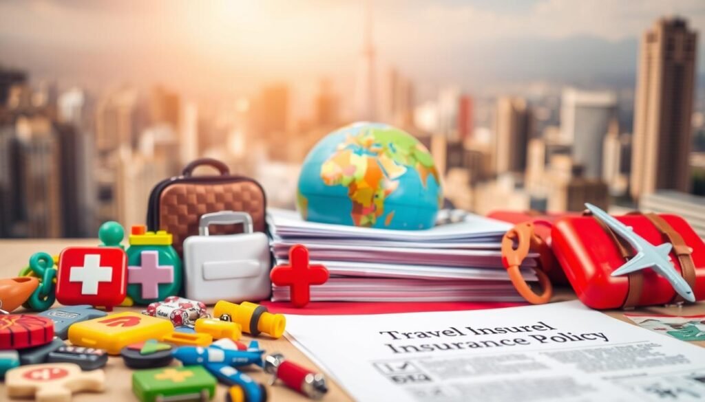 A vibrant and detailed image of travel insurance coverages. In the foreground, an array of colorful insurance icons and symbols, including a first-aid kit, a suitcase, and a plane. In the middle ground, a stack of documents with the title "Travel Insurance Policy" against a backdrop of a globe and a map. The background features a softly blurred cityscape, hinting at the global reach of travel insurance. The lighting is warm and inviting, conveying a sense of security and protection. The overall composition is balanced and visually engaging, reflecting the comprehensive nature of travel insurance coverage.