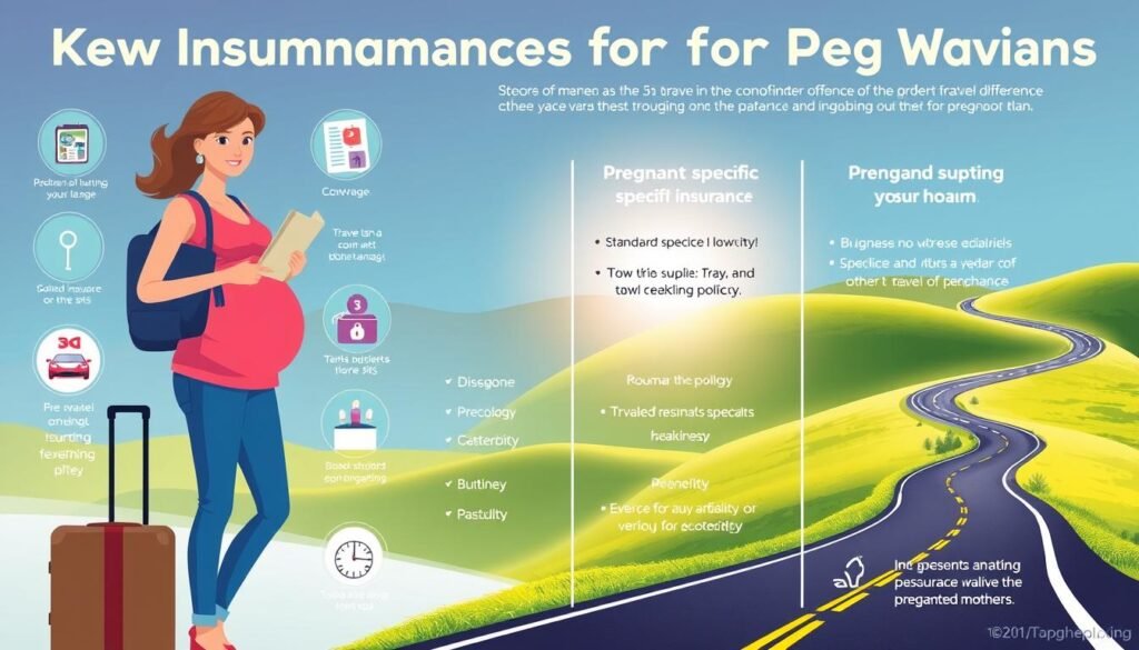 A vibrant and informative illustration showcasing the key differences between travel insurance for pregnant women and other types of travel insurance. In the foreground, a pregnant woman stands confidently, holding travel documents and a suitcase, surrounded by various icons representing the unique coverage and benefits of a pregnancy-specific policy. The middle ground features a clear comparison of the scope and limitations of standard travel insurance versus the specialized plan, highlighted through contrasting visual elements. The background depicts a serene, sun-dappled landscape of rolling hills and a winding road, symbolizing the journey and peace of mind that the specialized travel insurance can provide. The overall composition conveys a sense of clarity, safety, and the empowered decision-making process for expectant mothers navigating the complexities of travel. A vibrant and informative illustration showcasing the key differences between travel insurance for pregnant women and other types of travel insurance. In the foreground, a pregnant woman stands confidently, holding travel documents and a suitcase, surrounded by various icons representing the unique coverage and benefits of a pregnancy-specific policy. The middle ground features a clear comparison of the scope and limitations of standard travel insurance versus the specialized plan, highlighted through contrasting visual elements. The background depicts a serene, sun-dappled landscape of rolling hills and a winding road, symbolizing the journey and peace of mind that the specialized travel insurance can provide. The overall composition conveys a sense of clarity, safety, and the empowered decision-making process for expectant mothers navigating the complexities of travel.