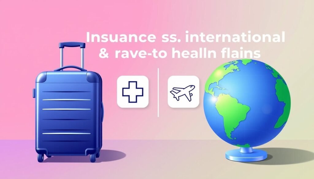 A vibrant, detailed illustration depicting the key differences between travel insurance and international health plans. In the foreground, a sleek, modern suitcase and a stylized globe symbolize the mobility and global scope of these financial products. The middle ground showcases two side-by-side icons - one representing a medical cross, the other a map with a plane - to visually contrast the healthcare and travel coverage aspects. The background features a subtle gradient of complementary colors, creating a sense of depth and professionalism. Subtle shadows and balanced lighting accentuate the clarity and legibility of the core visual elements. An overall polished, infographic-style composition that effectively communicates the central theme.
