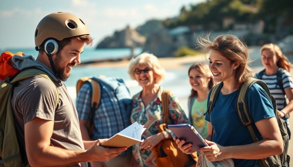 A diverse group of travelers, each with their own unique needs and preferences, navigates the intricacies of travel insurance. In the foreground, a young adventurer plans their next wilderness excursion, carefully considering coverage for outdoor activities. In the middle ground, a retired couple enjoys a relaxing beach vacation, discussing the importance of comprehensive health and medical coverage. In the background, a family with young children prepares for an international trip, ensuring their policy includes provisions for family travel and lost or delayed baggage. The scene is bathed in warm, natural light, conveying a sense of security and confidence as these travelers make informed decisions about their insurance needs.